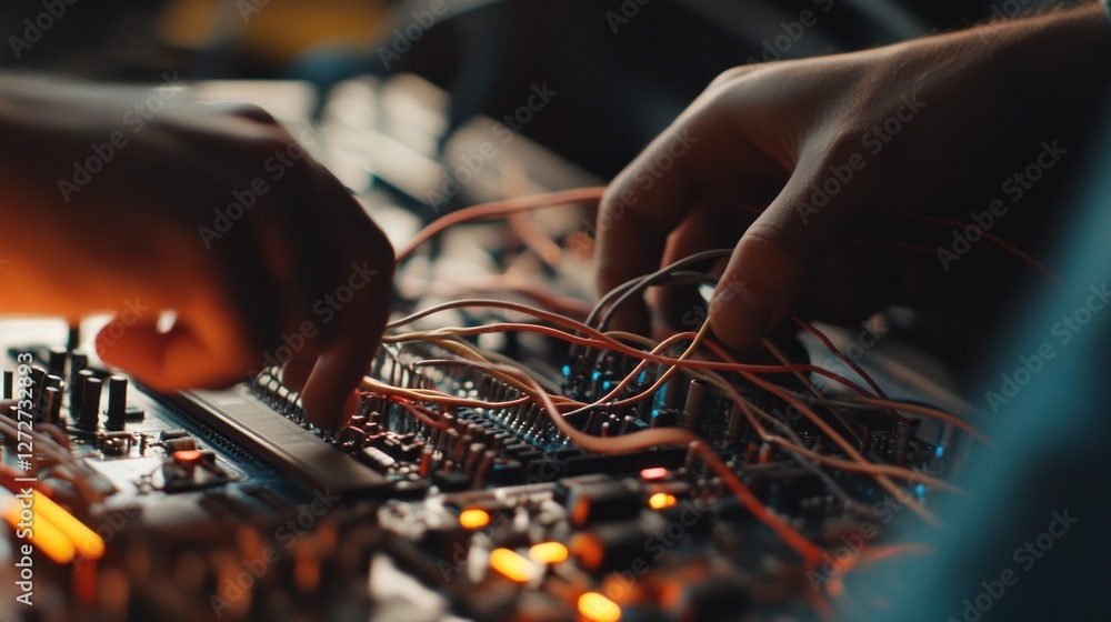 Poster close-up of hands manipulating wires on a circuit board in a dimly lit workspace, showcasing electro