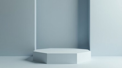 Fototapeta premium A serene minimalist scene featuring a light blue hexagonal platform against a pale blue backdrop, ideal for showcasing products or designs with a clean aesthetic.
