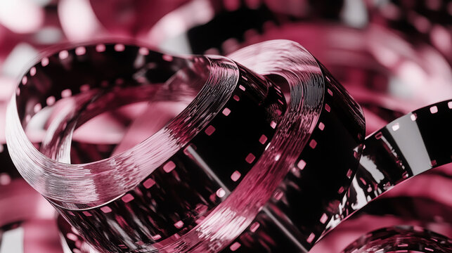 Glossy black film strips create elegant and artistic display, showcasing beauty of vintage cinema. vibrant pink background enhances visual appeal