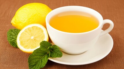 Fresh lemon tea in a white cup with mint leaves and whole lemons on the side