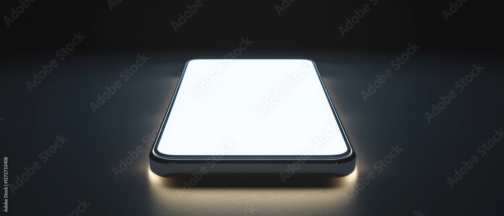 Poster a sleek smartphone with a blank screen illuminated softly against a dark background