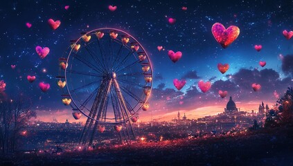 Ferris Wheel Romance: Heart-Shaped Balloons Soar Over Cityscape at Dusk