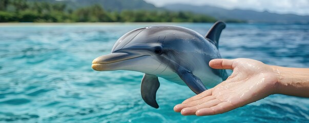 Obraz premium Dolphin Interacting with Human Hand in Tropical Ocean Environment