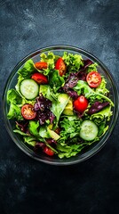 Fresh mixed salad with cherry tomatoes and cucumber in a glass bowl on a dark surface
