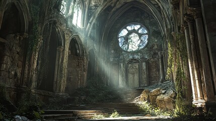 Fototapeta premium A hauntingly beautiful abandoned building with light streaming through broken windows, revealing its derelict charm.