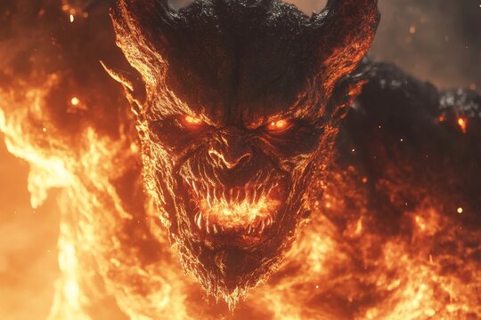 Angry demon rising from flames hell ,  fantasy concept
