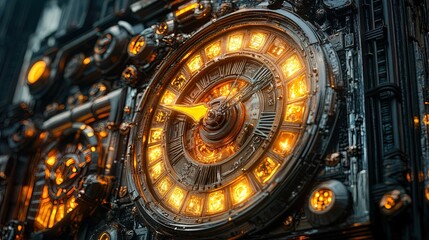 Obraz premium A detailed steampunk clock with intricate gears and glowing elements