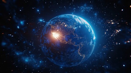 A holographic earth glowing in blue, showcasing interconnected health insurance access across continents.