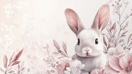 Obraz premium Whimsical white rabbit surrounded by floral splendor digital art soft pastel colors charming scene