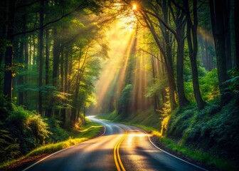 Winding Forest Road: Serene Scenic Drive Through Lush Green Trees