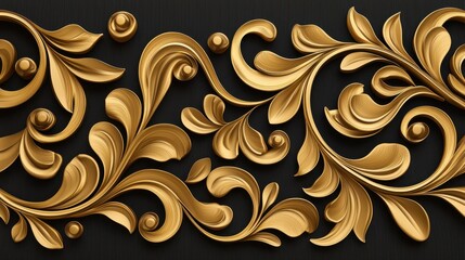 Fototapeta premium Wedding invitations luxury embossed concept. An ornate, golden decorative pattern featuring intricate leaves and swirls on a dark background, showcasing elegance and craftsmanship.