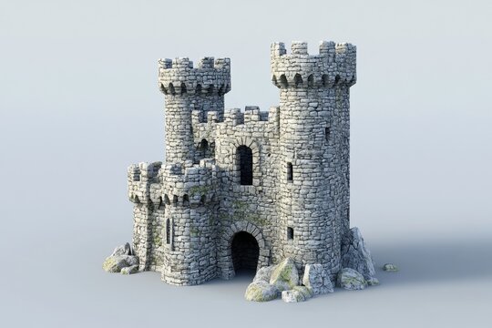 Miniature stone castle model features two prominent towers