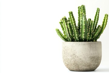 A sleek and stylish cactus plant in a cement pot, symbolizing eco-friendly interior design, placed on a clean white background.