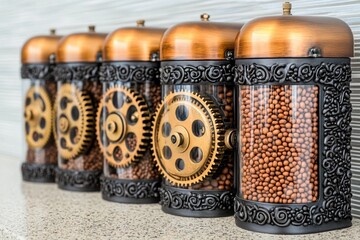 Naklejka premium A steampunk-style food pyramid, where gears and steam-powered dispensers sort food into different levels