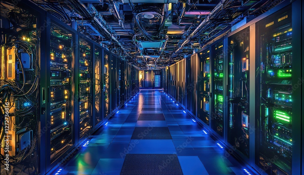 Poster exploring a server room: network data center's technological infrastructure with illuminating lights