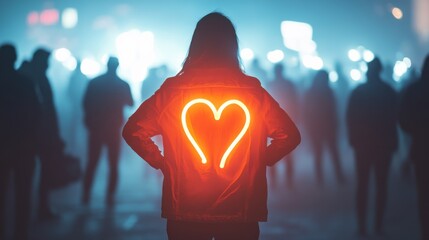 A woman holding a glowing coat hanger symbol, with a backdrop of the U.S