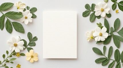 Fototapeta premium Wedding invitations luxury embossed concept. A blank textured card surrounded by delicate white and yellow flowers, along with vibrant green leaves, creating a serene and natural aesthetic.