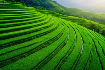 Obraz premium A top-down view of a rice field with lush green paddies, ready for harvest