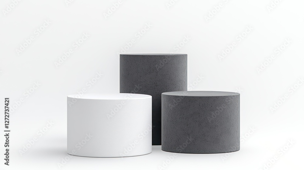 Poster minimalist podium trio: three cylindrical display platforms, varying in height and color, creating a