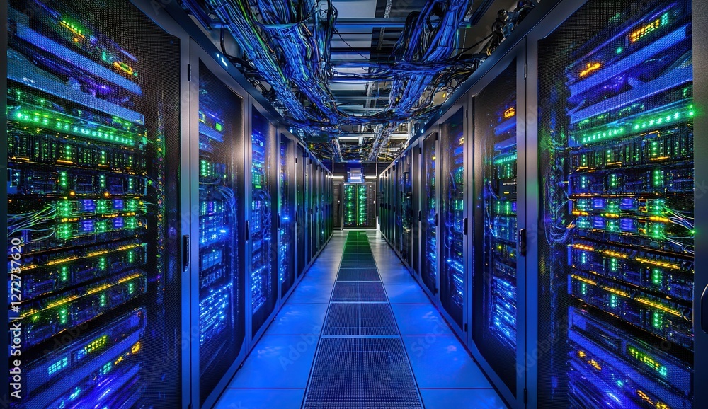 Poster exploring a data center: servers, network, and technology infrastructure illuminating the digital wo