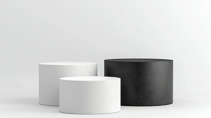 Modern Podium Trio: A minimalist arrangement of three cylindrical pedestals, one in contrasting black, the others in pristine white, creating a clean, contemporary platform for showcasing products. 