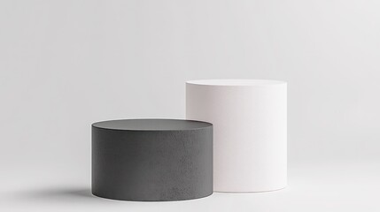 Minimalist Display Cylinders: Two cylindrical platforms, one dark and one light, stand side-by-side, offering a sleek and versatile stage for product showcases or artistic displays.