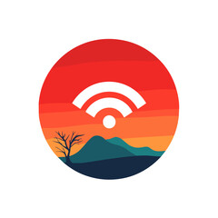 Fototapeta premium Wi-Fi signal over a scenic sunset mountain landscape.