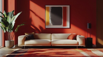 Elegant deep red interior design showcasing modern furniture and artistic decor elements