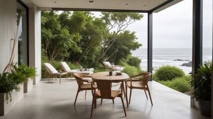 Fototapeta premium Serene Coastal Residence Outdoor Dining Area with Ocean View and Lush Greenery