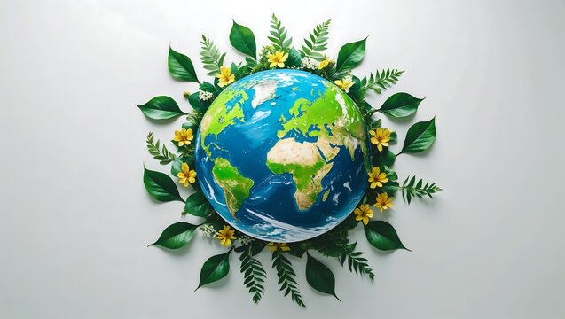 April 21 Earth Day A Vibrant Globe Surrounded by Green Leaves Representing Nature and Sustainabilit