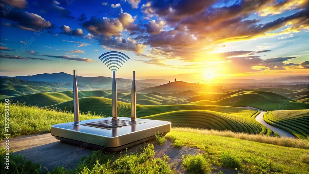 Poster wireless router broadcasting wifi signal - 3d rendered landscape