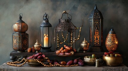 Ramadan Festive Still Life: Intricate Lanterns, Dates, and Warm Candlelight