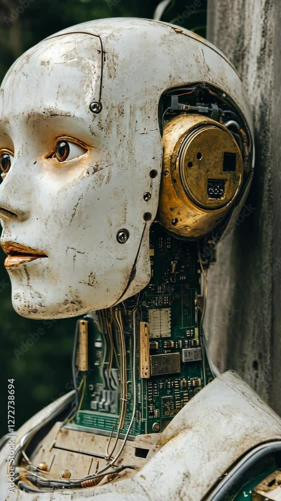 Poster robot head sculpture with intricate circuitry and golden details displayed in a natural setting