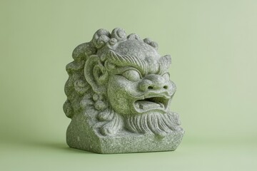 Ornate gray stone carving of a mythical lion like creature