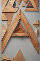 Abstract Wooden Geometric Composition Interlocking Triangles and Angular Shapes Create a Modern, Artistic Wall Decor