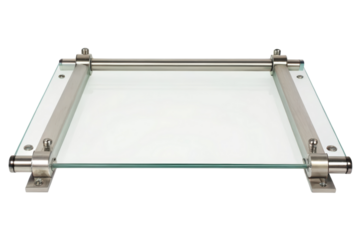 Glass shelf with metal supports isolated with transparent background