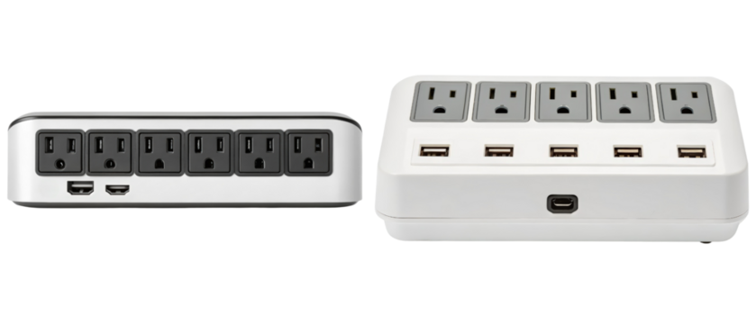 Power strip with USB charging ports isolated with transparent background