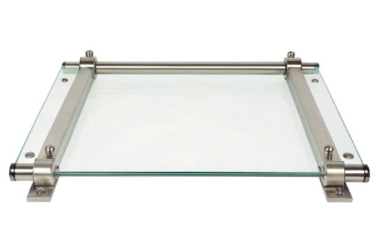 Glass shelf with metal supports isolated with transparent background