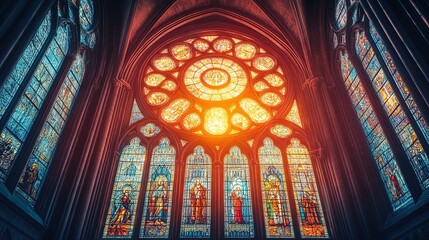Obraz premium An intricate stained-glass window glowing in a historic cathedral 
