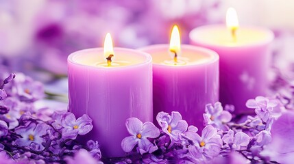  Decorative Floral Candles Illuminating Purple Blossoms on Women's Day, Symbolizing Feminine Strength and Elegance Concept