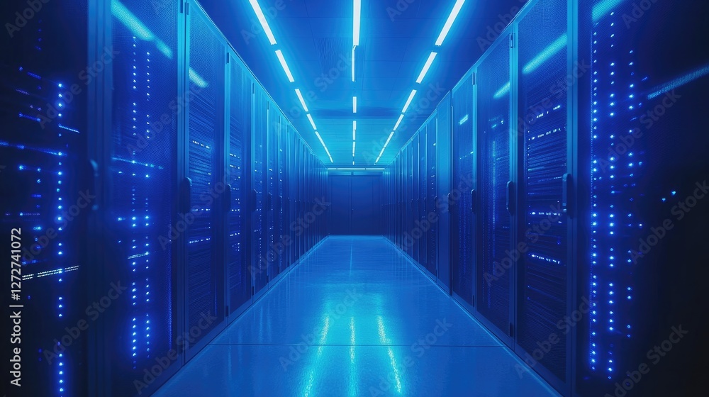 Fototapete a futuristic datacenter with glowing blue server racks and intense lighting, symbolizing advanced co