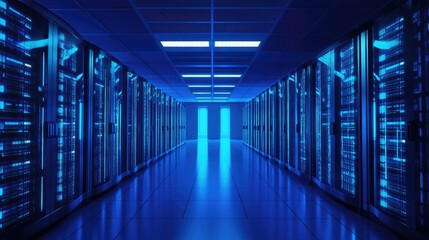 A futuristic datacenter with glowing blue server racks and sleek lighting, symbolizing high-speed computing and cybersecurity. Ideal for cloud computing, IT infrastructure, and networking
