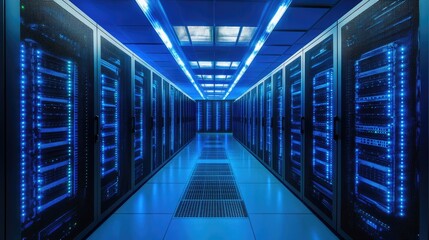 A futuristic datacenter with glowing blue server racks and advanced cooling, representing secure and high-speed computing. Ideal for cloud computing, IT infrastructure, and cybersecurity