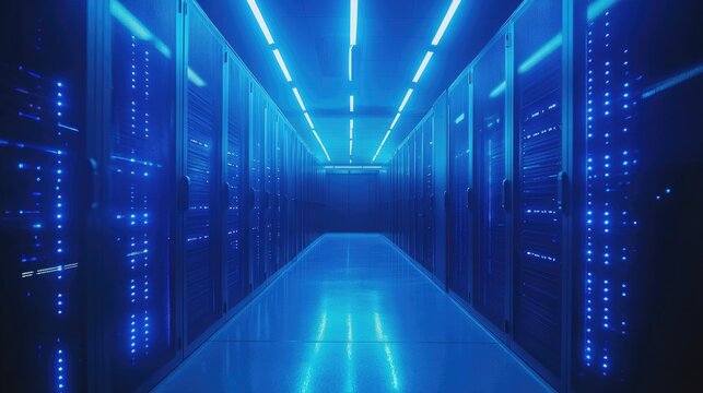 A futuristic datacenter with glowing blue server racks and intense lighting, symbolizing advanced computing and cybersecurity. Ideal for cloud computing, IT infrastructure, and networking