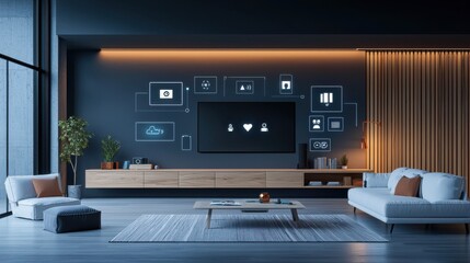 Enhancing modern home living with smart iot icons contemporary house interior design cozy environment innovative concept