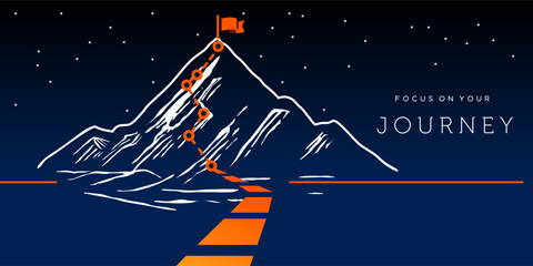 journey concept vector illustration of a mountain with path and a flag at the top, route to mountain peak, business journey and planning concept.