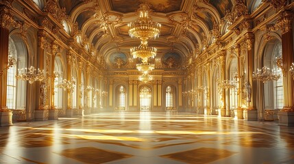 Obraz premium A royal ballroom with intricate golden detailing and elegant chandeliers