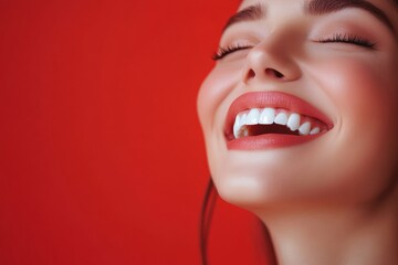 Beautiful woman on red background showcasing bright smile and dental health care