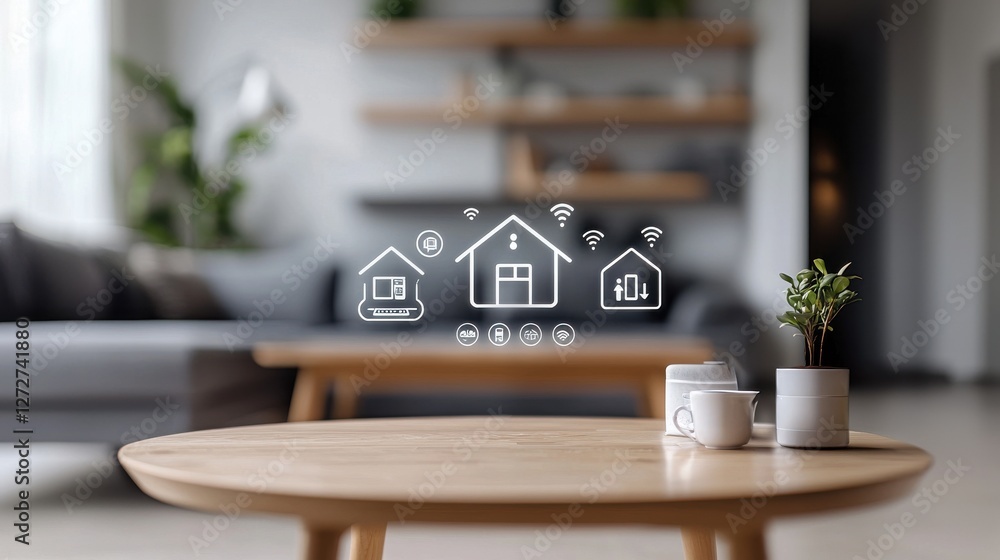 Poster visualizing smart home features with modern icons in a cozy house setting