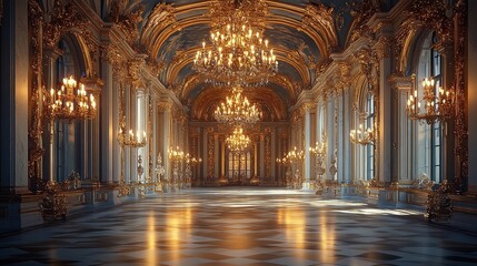 A royal ballroom with intricate golden detailing and elegant chandeliers